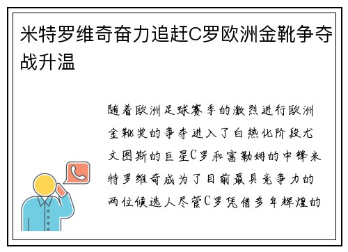 米特罗维奇奋力追赶C罗欧洲金靴争夺战升温