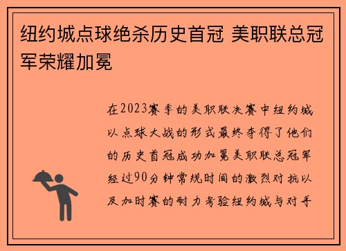 纽约城点球绝杀历史首冠 美职联总冠军荣耀加冕